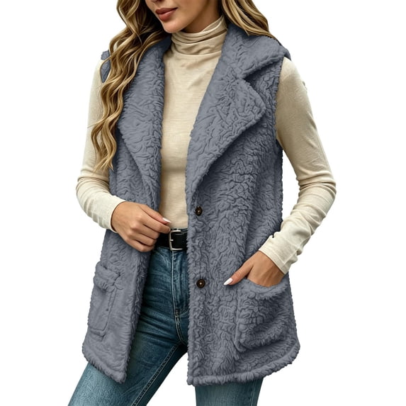 LUVDA Fleece Lapel Vest for Women - Button Up Sleeveless Warm Jacket with Pockets for Casual Outdoor Fall Winter Layering