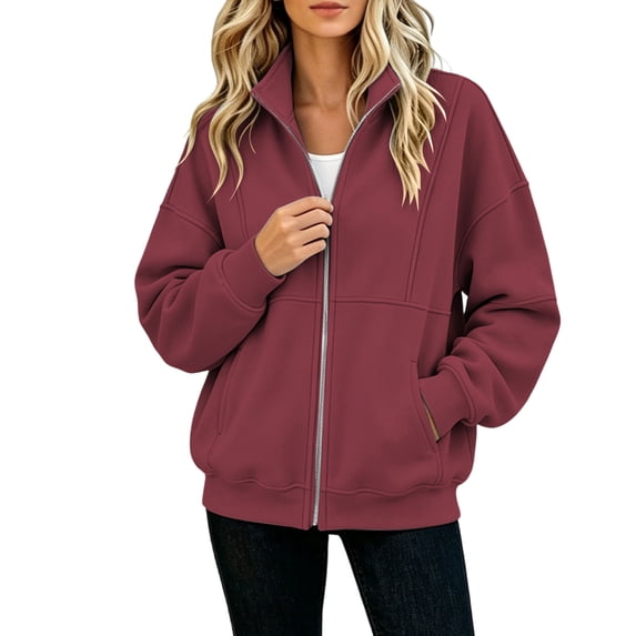 LUVDA Fleece Lined Zip Up Jacket for Women with Pockets Stand Collar Casual Warm Outerwear