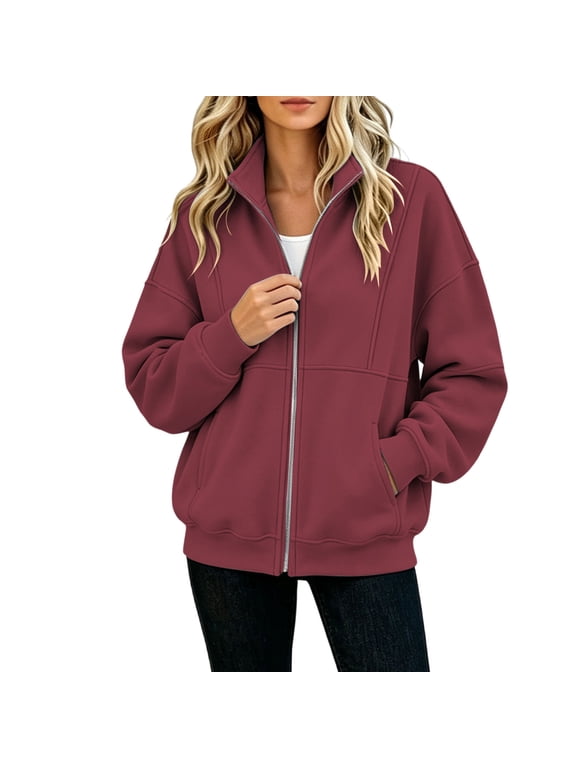 Fleece Lined Zip Up Jacket for Women with Pockets Stand Collar Casual Warm Outerwear