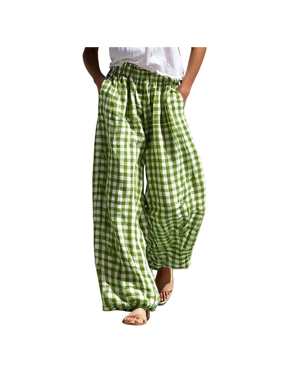 Gingham Wide-Leg Pants for Women Elastic High Waist with Pockets Lightweight Flowy Trousers for Casual & Boho Style