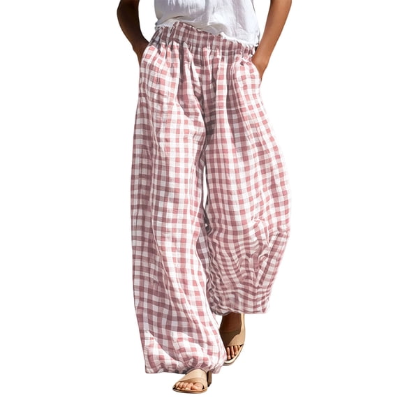 LUVDA Gingham Wide-Leg Pants for Women Elastic High Waist with Pockets Lightweight Flowy Trousers for Casual & Boho Style