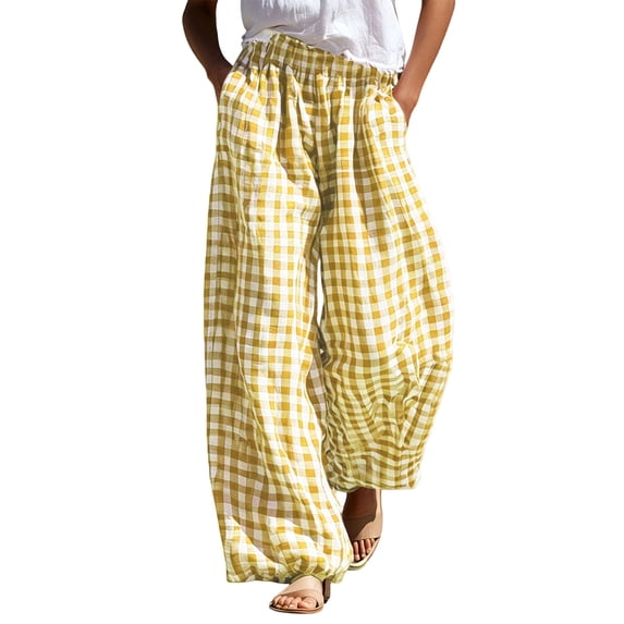 LUVDA Gingham Wide-Leg Pants for Women Elastic High Waist with Pockets Lightweight Flowy Trousers for Casual & Boho Style