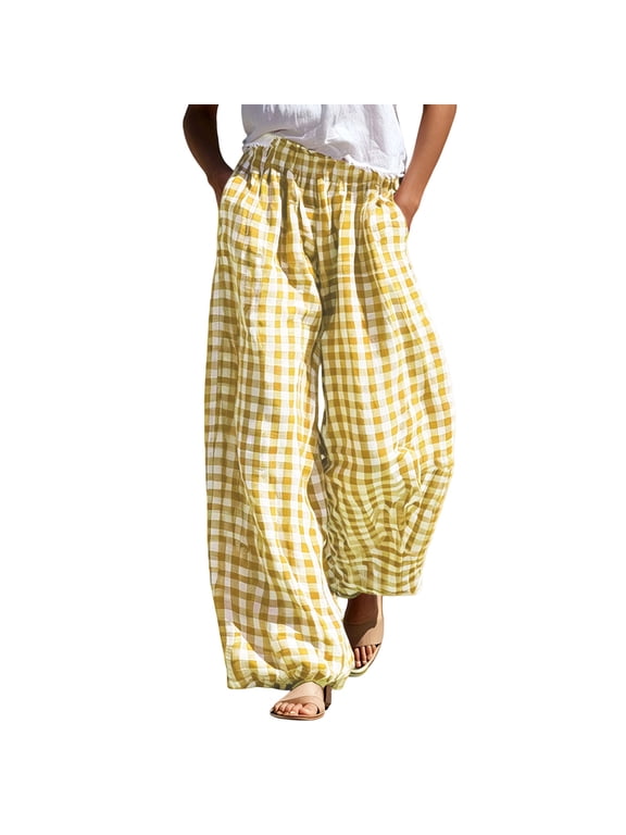 Gingham Wide-Leg Pants for Women Elastic High Waist with Pockets Lightweight Flowy Trousers for Casual & Boho Style