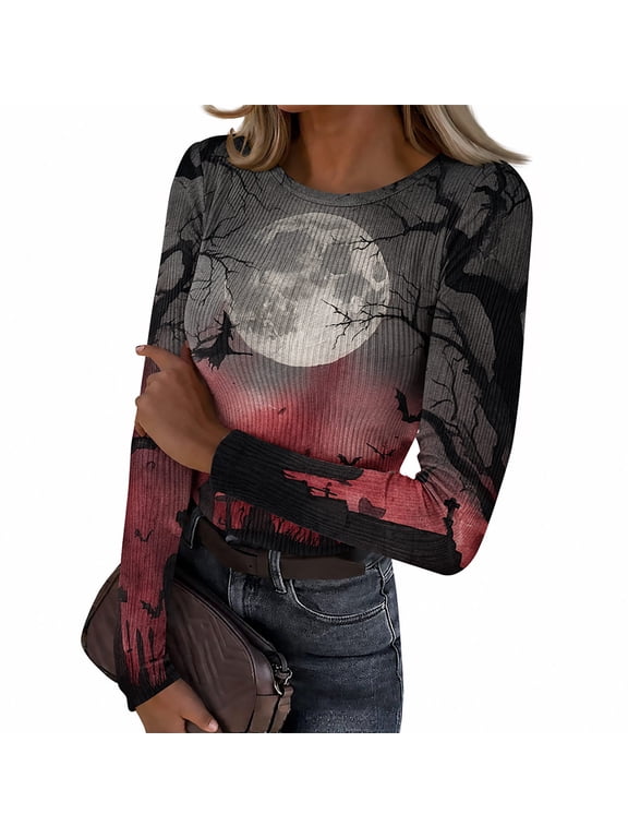 Halloween Long Sleeve Print Tops for Women Gothic Ribbed Knit Slim Fit Base