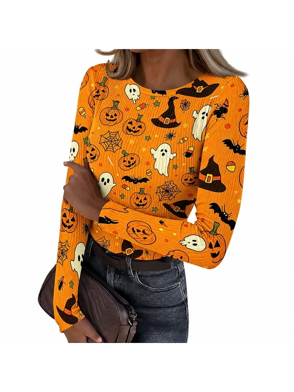 Halloween Long Sleeve Print Tops for Women Gothic Ribbed Knit Slim Fit Base