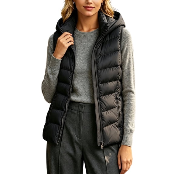 LUVDA Hooded Puffer Vest for Women - Lightweight Sleeveless Warm Jacket with Zipper and Pockets for Casual Fall Winter Layering