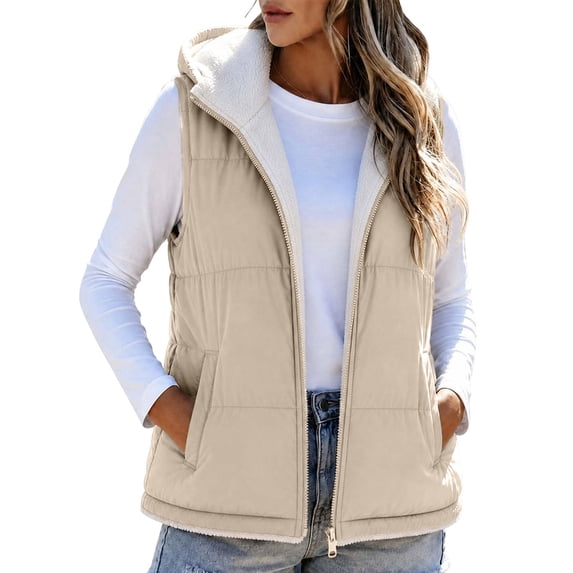 LUVDA Hooded Puffer Vest for Women - Sherpa Lined Sleeveless Warm Jacket with Zipper and Pockets for Casual Fall Winter Layering