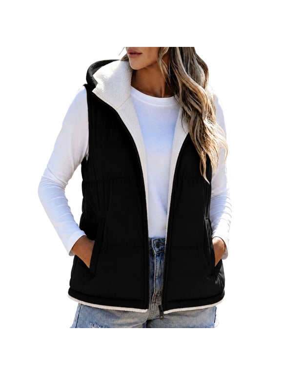 Hooded Puffer Vest for Women - Sherpa Lined Sleeveless Warm Jacket with Zipper and Pockets for Casual Fall Winter Layering
