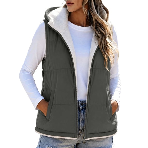 LUVDA Hooded Puffer Vest for Women - Sherpa Lined Sleeveless Warm Jacket with Zipper and Pockets for Casual Fall Winter Layering