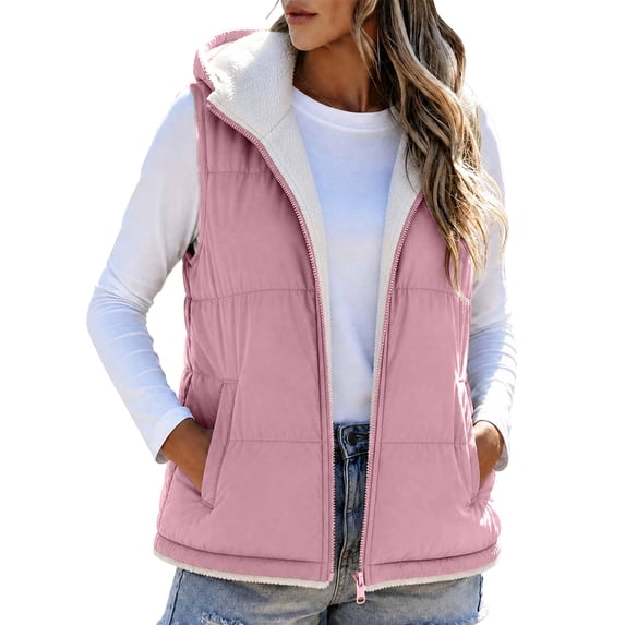 LUVDA Hooded Puffer Vest for Women - Sherpa Lined Sleeveless Warm Jacket with Zipper and Pockets for Casual Fall Winter Layering