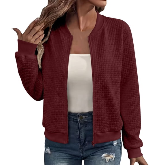 LUVDA Jackets for Women Waffle Knit Full Zip Long Sleeve Casual Lightweight Coats with Ribbed Trim for Fall Winter Outerwear