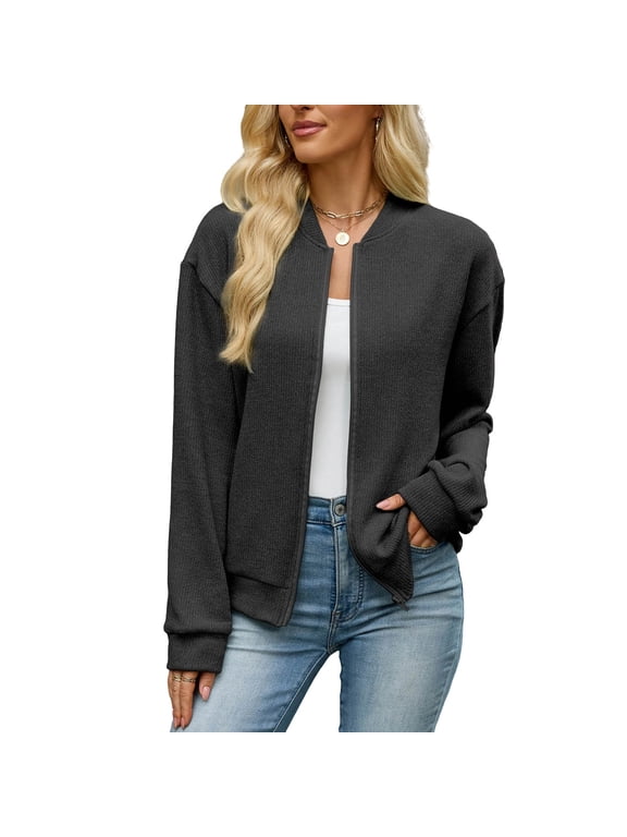 Knit Zip Up Cardigan Jacket for Women Waffle Texture Ribbed Trim Casual Layer