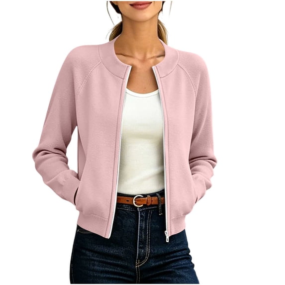 LUVDA Minimalist Crew Neck Zip Jacket for Women Raglan Sleeve Clean Line Casual Outerwear