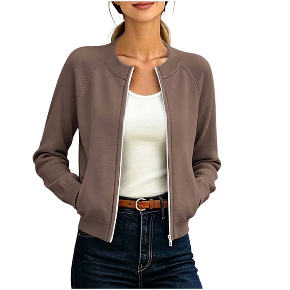 LUVDA Minimalist Crew Neck Zip Jacket for Women Raglan Sleeve Clean Line Casual Outerwear