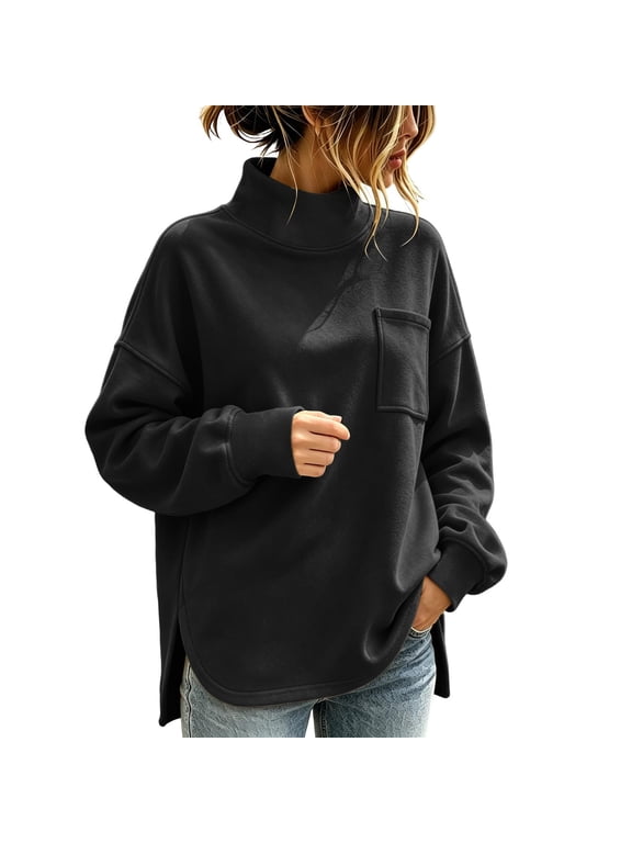 Mock Neck Side Slit Sweatshirt for Women Chest Pocket Loose Longline Fall Casual Pullover