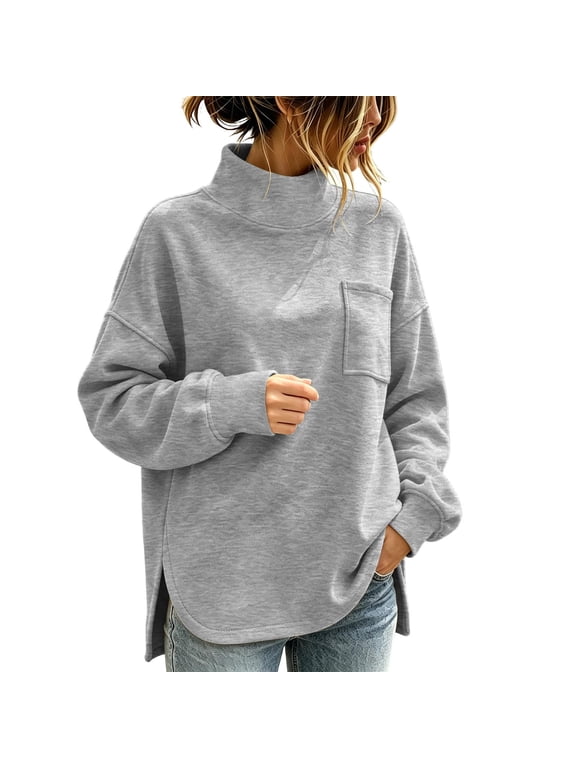 Mock Neck Side Slit Sweatshirt for Women Chest Pocket Loose Longline Fall Casual Pullover