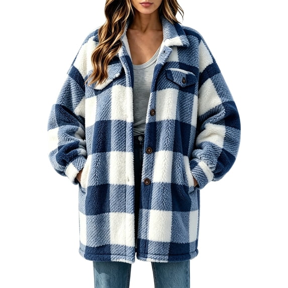 LUVDA Plaid Sherpa Jacket for Women Buffalo Check Fleece Button Up Shacket Oversized Long Coat Warm Winter Outerwear