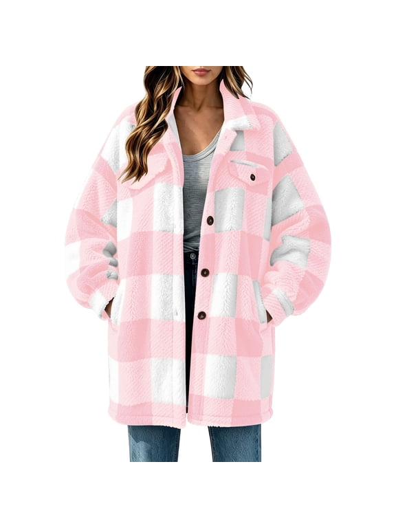Plaid Sherpa Jacket for Women Buffalo Check Fleece Button Up Shacket Oversized Long Coat Warm Winter Outerwear