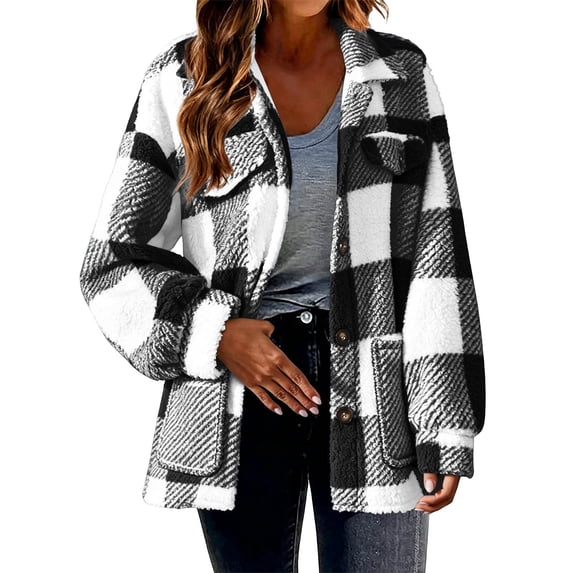 LUVDA Plaid Sherpa Jacket for Women Buffalo Check Fleece Button Up Shacket with Large Pockets Cozy Winter Warm Coat