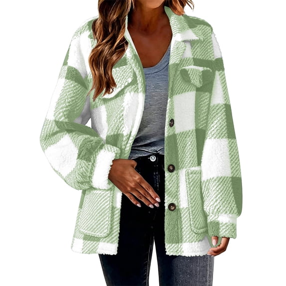 LUVDA Plaid Sherpa Jacket for Women Buffalo Check Fleece Button Up Shacket with Large Pockets Cozy Winter Warm Coat