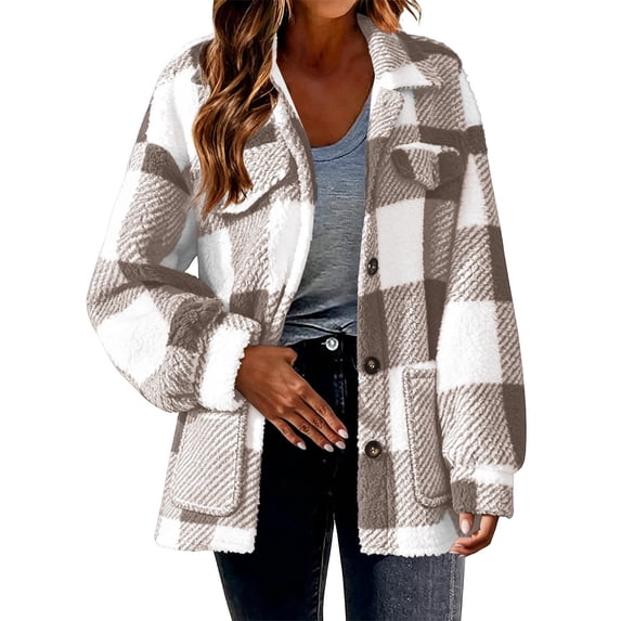 LUVDA Plaid Sherpa Jacket for Women Buffalo Check Fleece Button Up Shacket with Large Pockets Cozy Winter Warm Coat