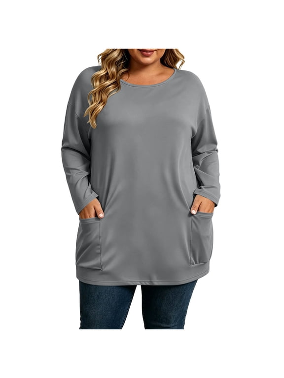 Plus Size Longline Tunic Top for Women Patch Pockets Crew Neck Loose Fit Fall Casual Shirt