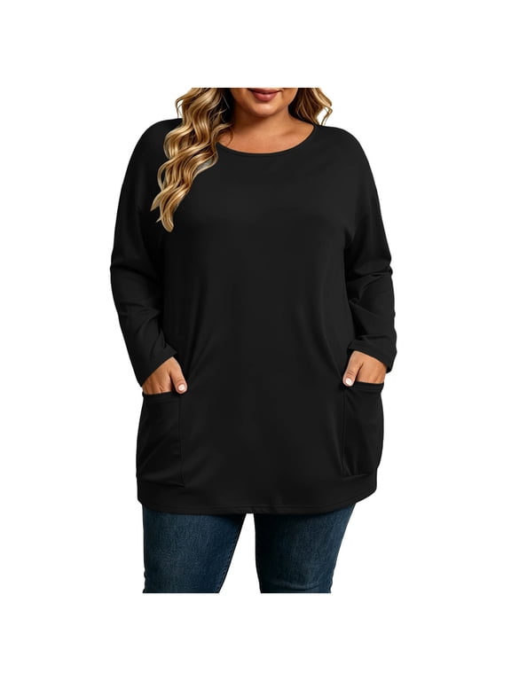 Plus Size Longline Tunic Top for Women Patch Pockets Crew Neck Loose Fit Fall Casual Shirt