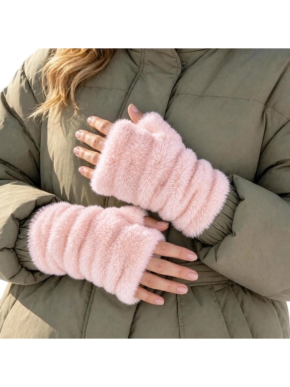 Plush Fingerless Gloves for Women Fleece Lined Thumb Hole Warm Winter