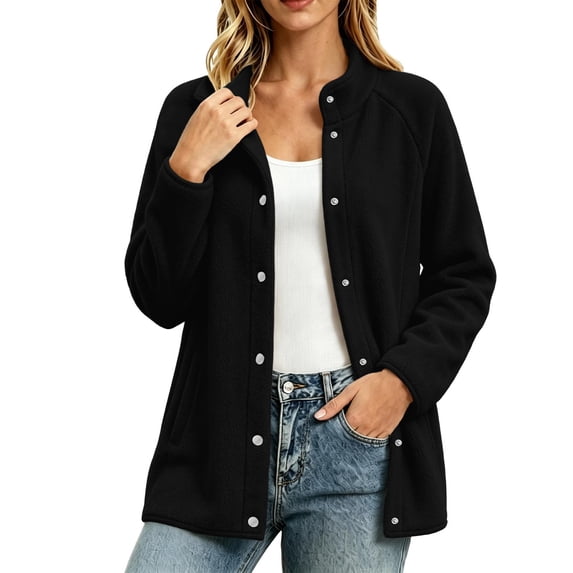 LUVDA Polar Fleece Snap Button Jacket for Women Stand Collar Longline with Pockets Warm Casual Outerwear for Fall Winter