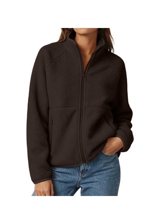 Polar Fleece Zip Jacket for Women Raglan Sleeve High Neck Warm Winter Layer Top