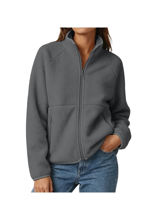 Polar Fleece Zip Jacket for Women Raglan Sleeve High Neck Warm Winter Layer Top