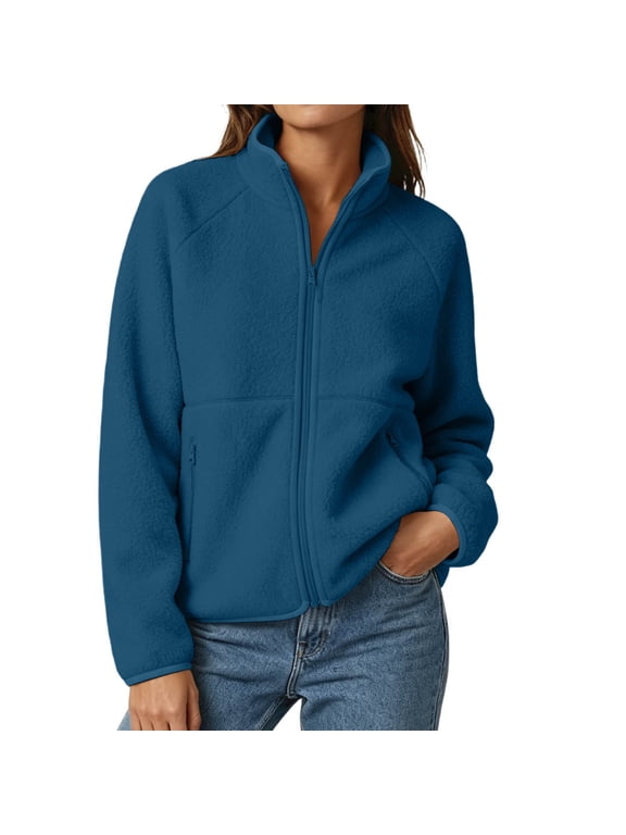 Polar Fleece Zip Jacket for Women Raglan Sleeve High Neck Warm Winter Layer Top