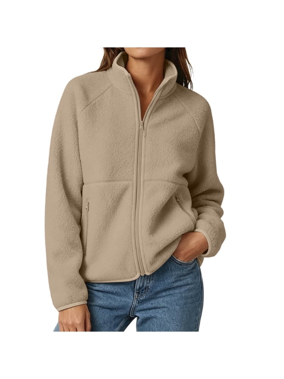 Polar Fleece Zip Jacket for Women Raglan Sleeve High Neck Warm Winter Layer Top
