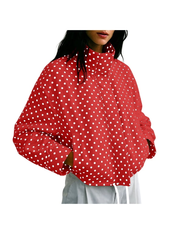 Polka Dot Jacket for Women Long Sleeve Stand Collar Zip Up Casual for Winter