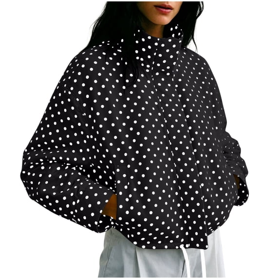 LUVDA Polka Dot Jacket for Women Long Sleeve Stand Collar Zip Up Casual for Winter