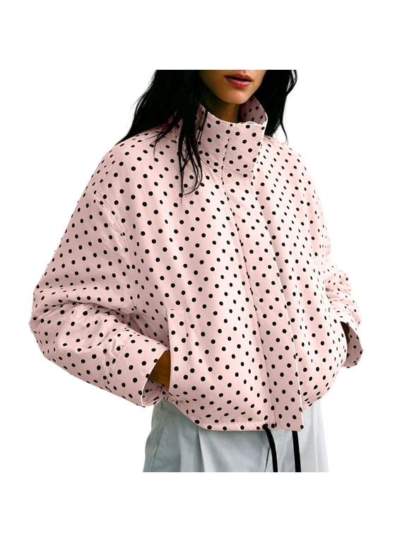 Polka Dot Jacket for Women Long Sleeve Stand Collar Zip Up Casual for Winter