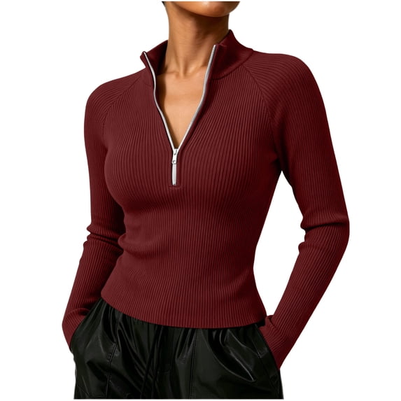LUVDA Quarter Zip Ribbed Knit Pullover Top for Women Long Sleeve Slim Fit Sweater Casual Winter Basic