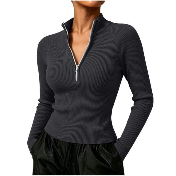 LUVDA Quarter Zip Ribbed Knit Pullover Top for Women Long Sleeve Slim Fit Sweater Casual Winter Basic