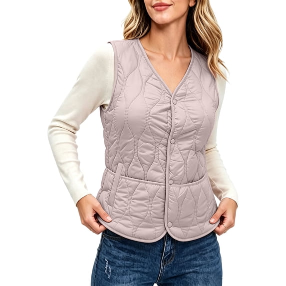 LUVDA Quilted V-Neck Vest for Women - Lightweight Sleeveless Warm Jacket with Pockets and Snap Buttons for Casual Fall Winter Layering