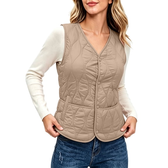 LUVDA Quilted V-Neck Vest for Women - Lightweight Sleeveless Warm Jacket with Pockets and Snap Buttons for Casual Fall Winter Layering