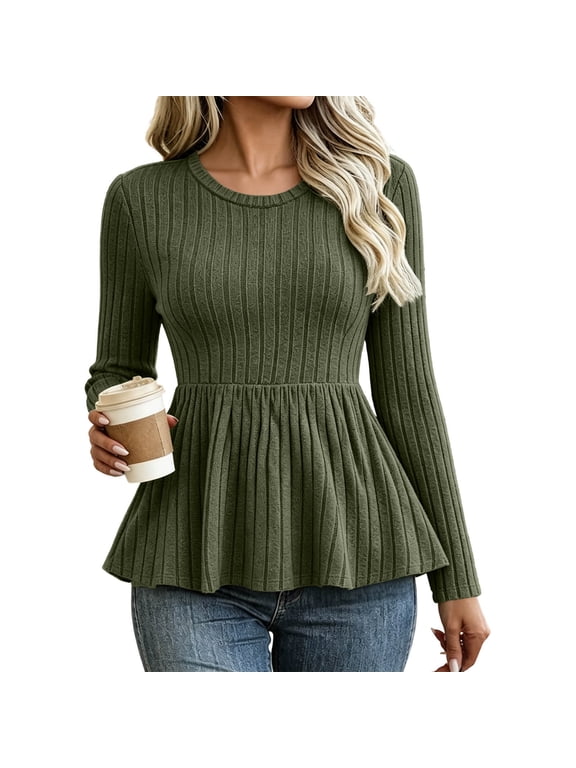 Ribbed Peplum Top for Women Crew Neck Long Sleeve Flare Hem Sweater Casual Winter Slim Fit Blouse