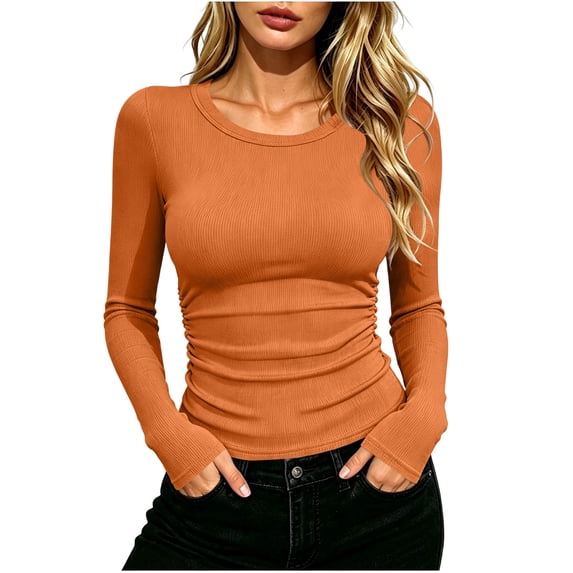 LUVDA Ribbed Slim Fit Solid Tops for Women Ruched Long Sleeve Side Gathered Fitted Tee Soft Stretchy Fall Winter Basic