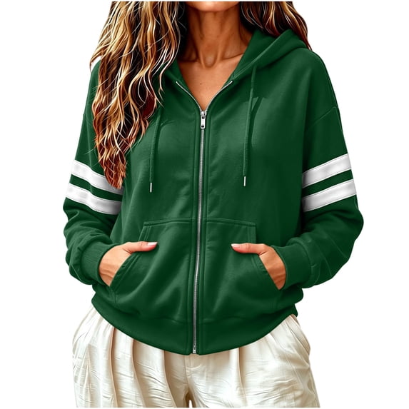 LUVDA Stripe Sleeve Zip Up Hoodie for Women Athletic Sweatshirt with Kangaroo Pocket Casual Loose Fit Top