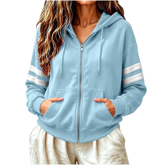 LUVDA Stripe Sleeve Zip Up Hoodie for Women Athletic Sweatshirt with Kangaroo Pocket Casual Loose Fit Top