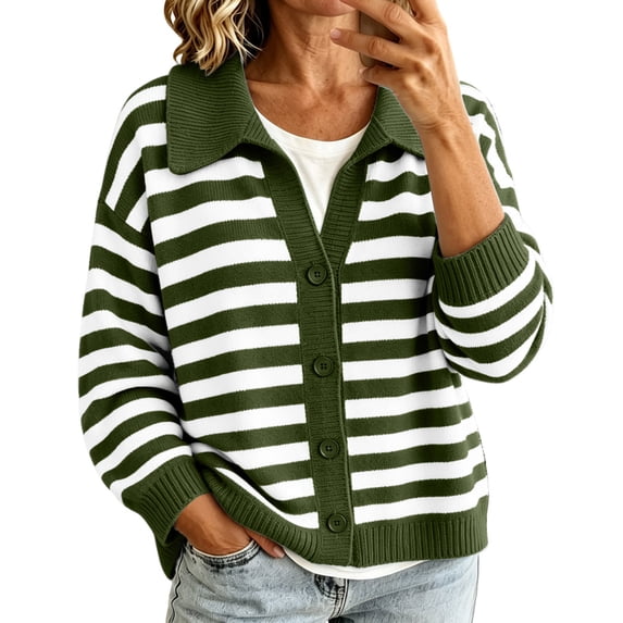 LUVDA Striped Knit Cardigan for Women Collared Button Up Sweater Colorblock Long Sleeve Casual Fall Top