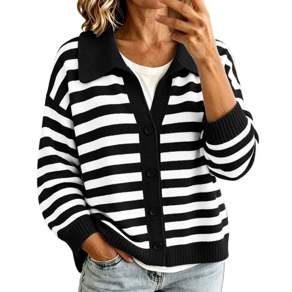 LUVDA Striped Knit Cardigan for Women Collared Button Up Sweater Colorblock Long Sleeve Casual Fall Top