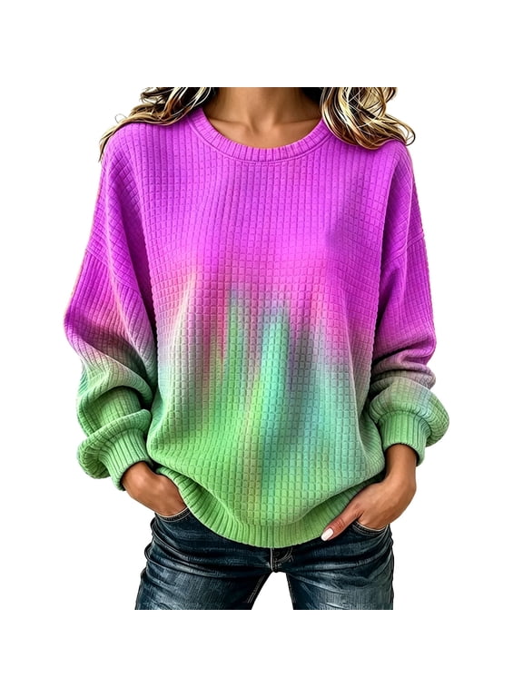 Tie-Dye Gradient Waffle Knit Pullover for Women Crew Neck Puff Sleeve Fall Print Top