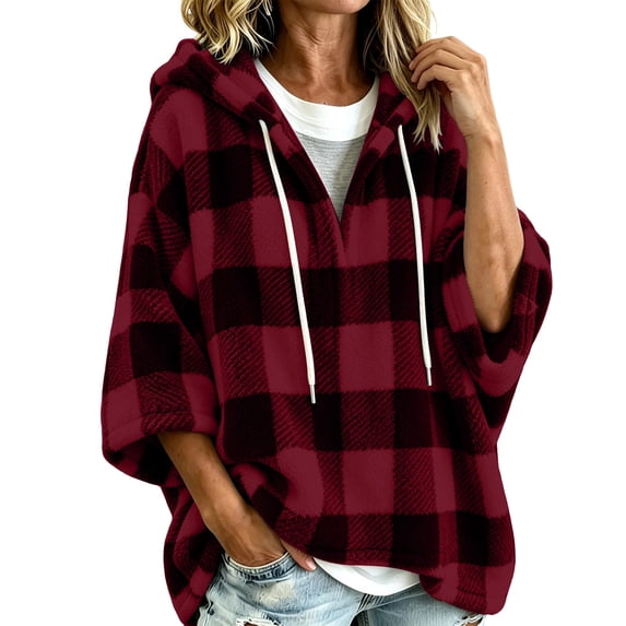 LUVDA Tops for Women Plaid Sherpa Fleece Hooded Pullovers Comfy V-Neck Drawstring 3/4 Sleeve Sweatshirts for Fall & Winter