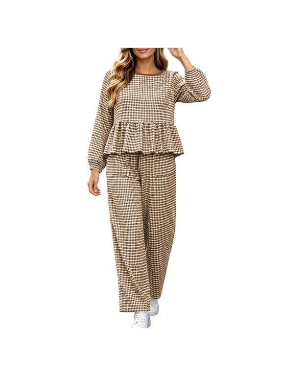 Two Piece Sets for Women Sweet Checkered Homewear Outfit Plaid Print Ruffle Hem Top Wide Leg Pants