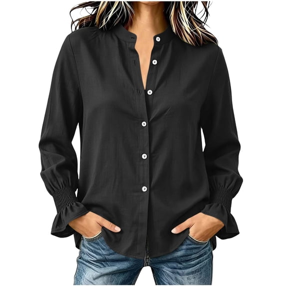 LUVDA V Neck Button Blouse for Women Long Sleeve Ruffle Cuff Casual Work Shirt Loose Fit Fall Top